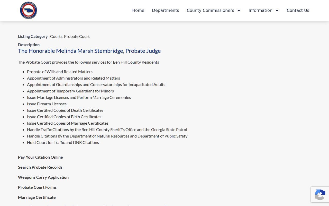 Ben Hill County criminal court and Probate traffic records page