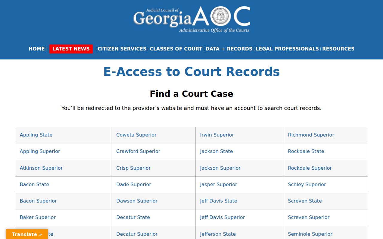 Georgia E-Access directory for Ben Hill County criminal court cases